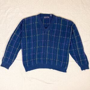 New River Vintage Cable Knit Plaid Sweater V Neck Mens XL Grandpa Preppy Coogi